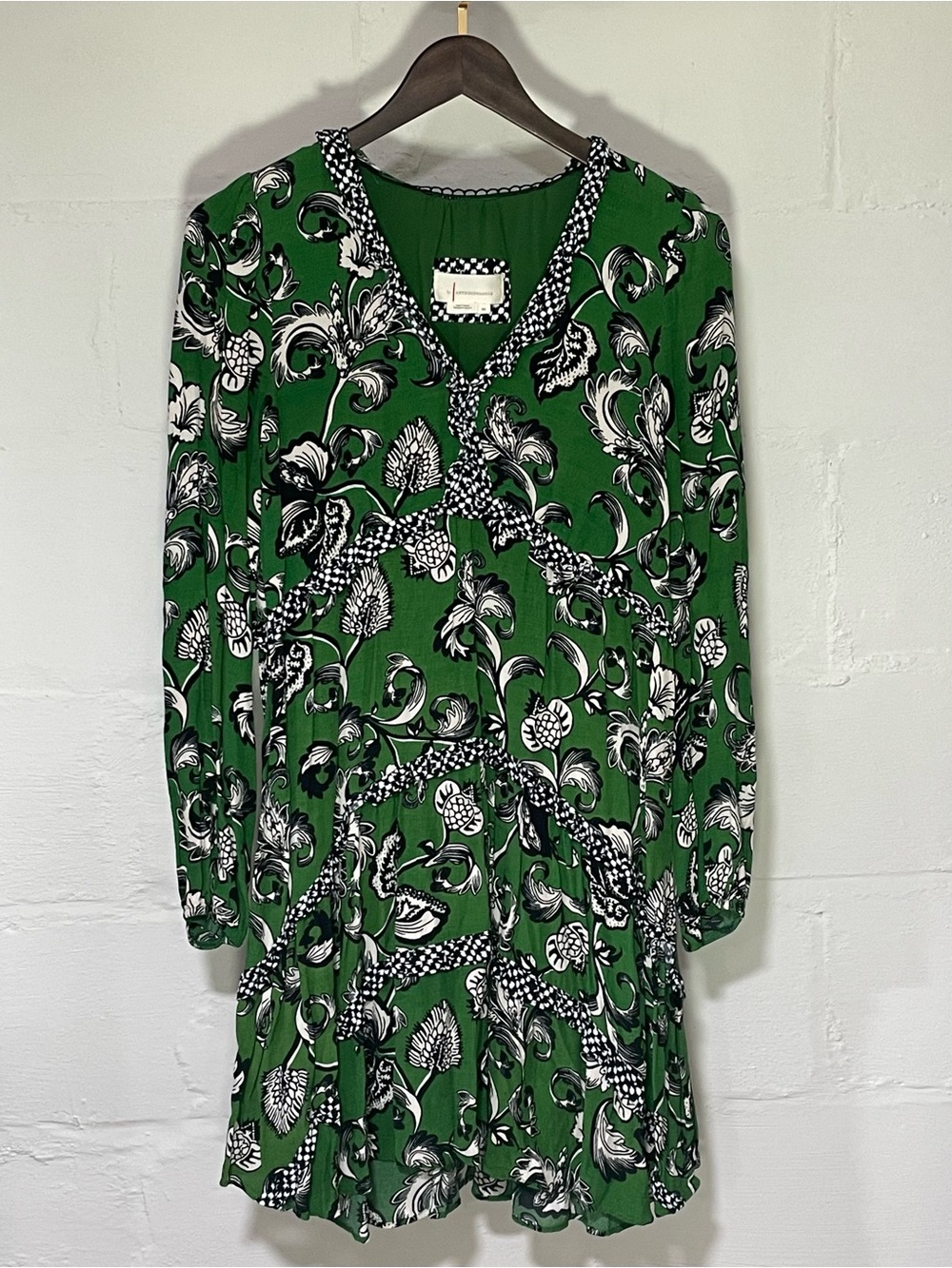 Anthropologie Green Black & White Floral Long-Sleeve Tiered Dress